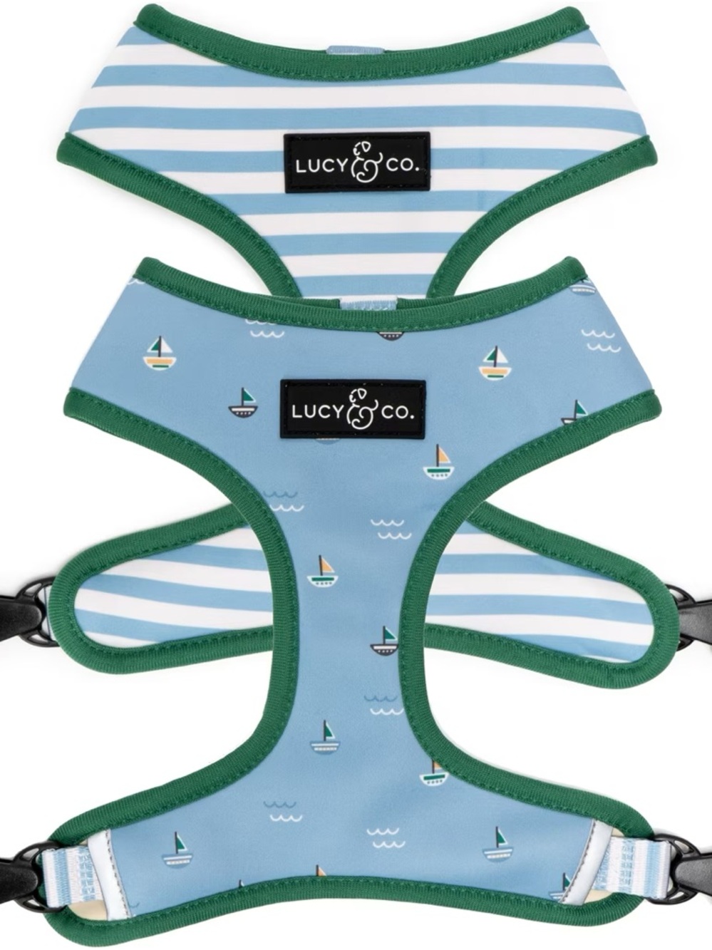 Lucy & Co. Blue Sailboat Dog Harness with Green Trim- Reversible